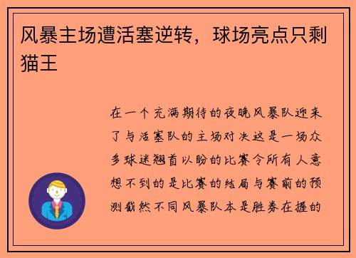 风暴主场遭活塞逆转，球场亮点只剩猫王
