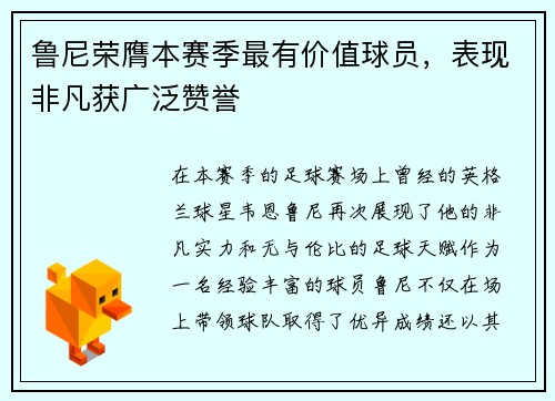 鲁尼荣膺本赛季最有价值球员，表现非凡获广泛赞誉