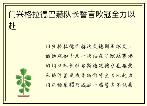 门兴格拉德巴赫队长誓言欧冠全力以赴