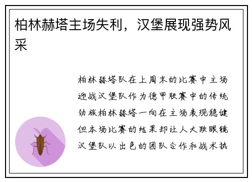 柏林赫塔主场失利，汉堡展现强势风采