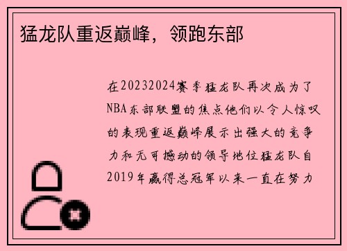 猛龙队重返巅峰，领跑东部