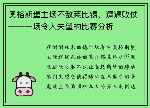 奥格斯堡主场不敌莱比锡，遭遇败仗——一场令人失望的比赛分析