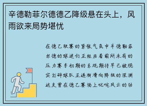 辛德勒菲尔德德乙降级悬在头上，风雨欲来局势堪忧