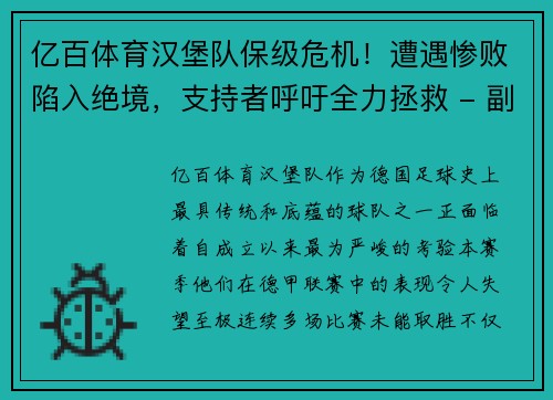 亿百体育汉堡队保级危机！遭遇惨败陷入绝境，支持者呼吁全力拯救 - 副本